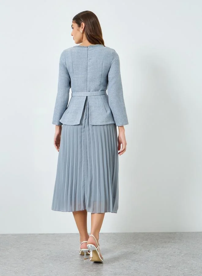 Styli  Women Blue Tweed Midi Dress with Belt for Women | Best Price UAE